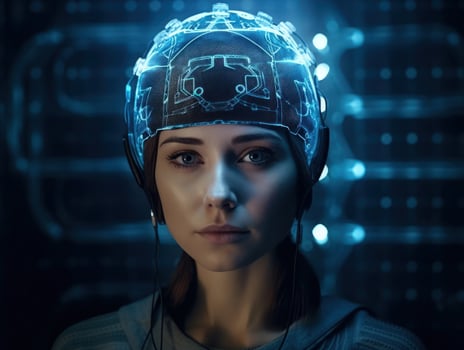 Futuristic humanoid robot exemplifies on blue background cutting edge artificial intelligence technology concepts. photo