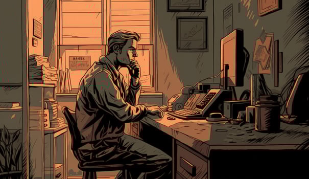Cartoon Image of a Businessman Sitting at His Office Desk, Talking on the Phone, Taking Notes or Signing Documents, Depicting a Busy Work Environment. photo