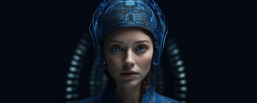 Futuristic humanoid robot exemplifies on dark background cutting edge artificial intelligence technology concepts. photo
