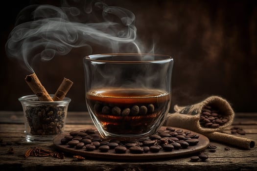 Cup glass of coffee with smoke and coffee beans on old wooden background photo