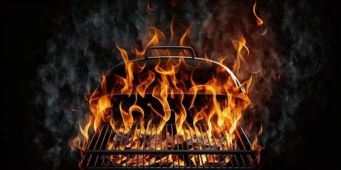 Empty Barbecue Flaming Charcoal Grill With Bright Flames Of Fire Isolated On The Black Background photo