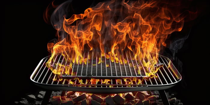 Empty Barbecue Flaming Charcoal Grill With Bright Flames Of Fire Isolated On The Black Background photo