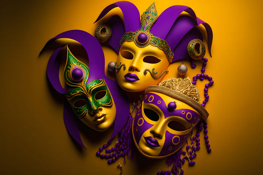 Group of venetian mardi gras mask or disguise on a colorful bright background. Neural network generated art photo