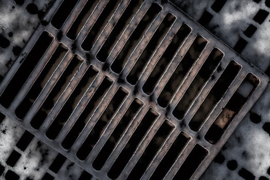 Top view of smoking smouldering charcoals under black cast iron grill grate ready for food cooking photo