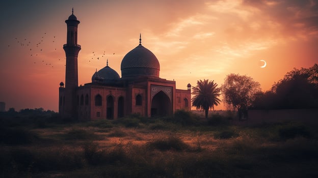 Mosques Dome silhouette on dark gold twilight sky in night with Crescent Moon on sunset. arabic,Eid al-adha,mubarak Muslim concept photo