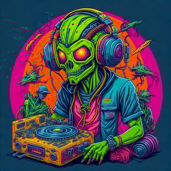 Alien dj character in outer space. Cute green extraterrestrial humanoid with futuristic vinyl record turntable. Electronic music festival concept. Comic style vector illustration. photo