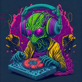 Alien dj character in outer space. Cute green extraterrestrial humanoid with futuristic vinyl record turntable. Electronic music festival concept. Comic style vector illustration, , photo