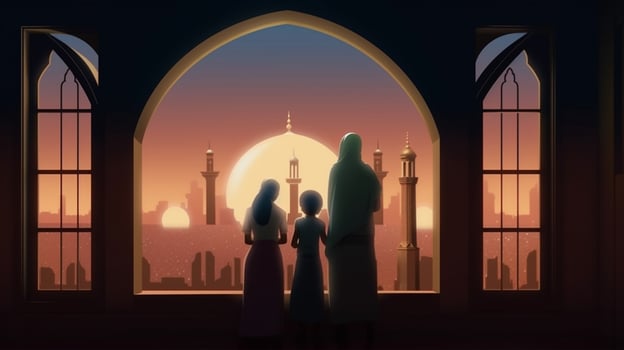 muslim family looking at mosque eid concept photo
