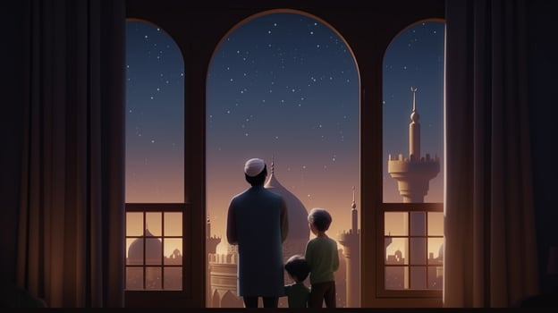 muslim family looking at mosque eid concept photo