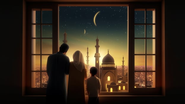 muslim family looking at mosque eid concept photo