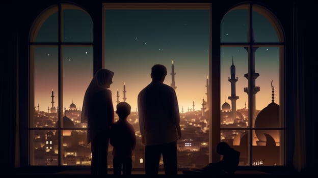 muslim family looking at mosque eid concept photo