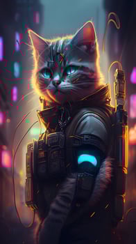 illustration of cat in cyberpunk style with apparel and clothing with futuristic city background and neon light. science fiction fantasy image. images. photo