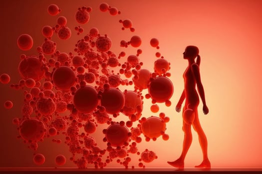 Immune system, protection against viruses and bacterias. Different shapes bacterias and virus cells near person silhouette. Created with photo