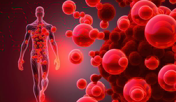 Immune system, protection against viruses and bacterias. Different shapes bacterias and virus cells near person silhouette. Created with photo