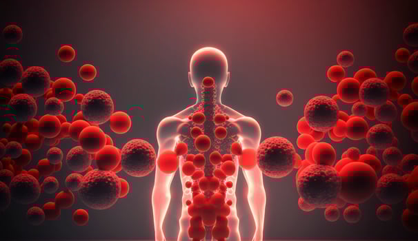 Immune system, protection against viruses and bacterias. Different shapes bacterias and virus cells near person silhouette. Created with photo
