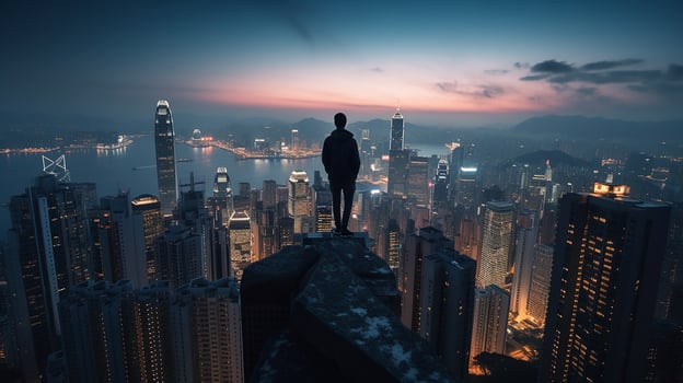 A man stands on a skyscraper and looks out over an evening Hong Kong city. photo