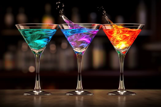 Bright cocktails in glass cocktail glasses. Black background. photo