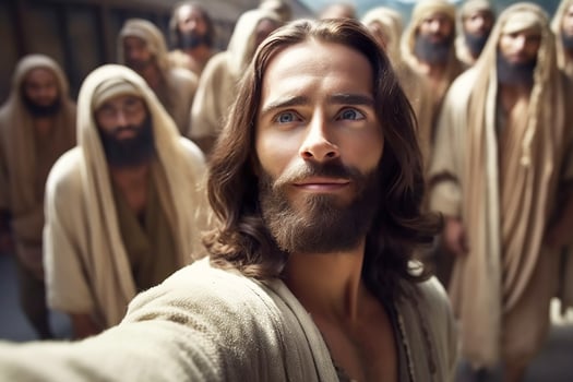 Jesus takes selfies. Portrait of a man who looks like Christ taking pictures of himself and his friends. photo