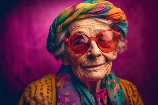 Portrait of an old smiling grandmother wearing sunglasses. The youth of the soul. photo
