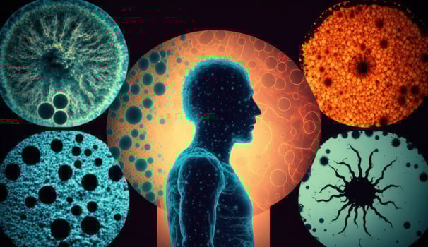 Immune system, protection against viruses and bacterias. Different shapes bacterias and virus cells near person silhouette. Created with photo