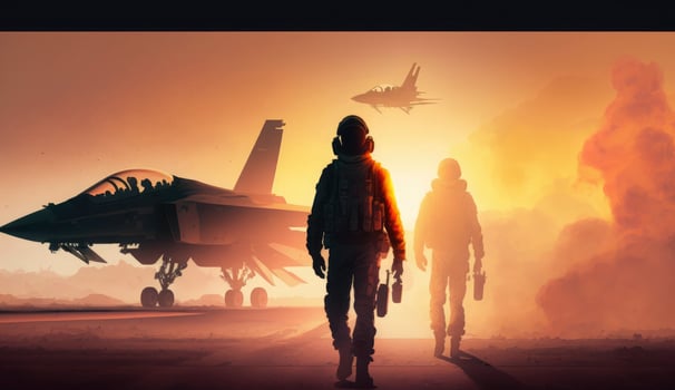 Military pilots near jet fighter at sunset. Military aviation. Created with photo