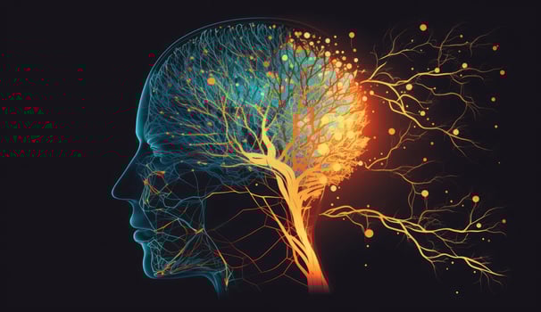 Human head with glowing neurons in brain. Esoteric and meditation concept. Connection with other worlds. Creates with photo