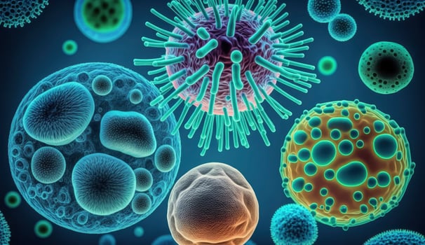 Macro shot of different types of microbes. Virus cells and bacteria on abstract background. Created with photo