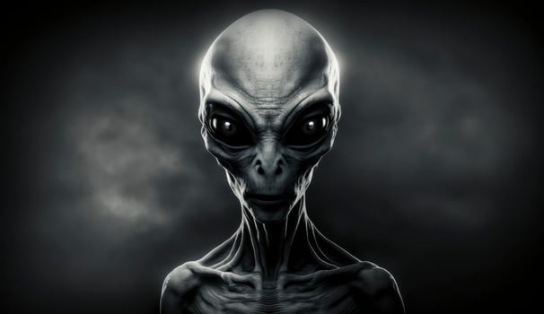 Alien humanoid portait on dark background. Invasion of extraterrestrial. Alien abduction. Created with photo
