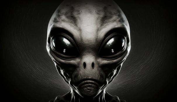 Alien humanoid portait on dark background. Invasion of extraterrestrial. Alien abduction. Created with photo