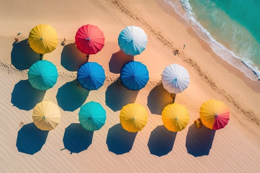 Beach umbrellas aligned on beach summer light aerial high angle view. illustration photo