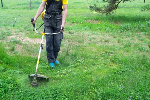A male gardener mows the green grass of the lawn in the backyard with a gasoline mower. Trimmer for the care of a garden plot photo