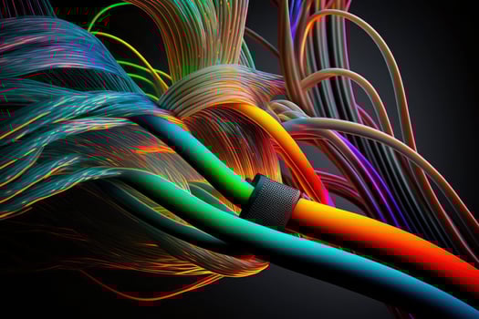 Optical fiber speed concept illustration, colorful lines cable close up high speed network data transfer. photo