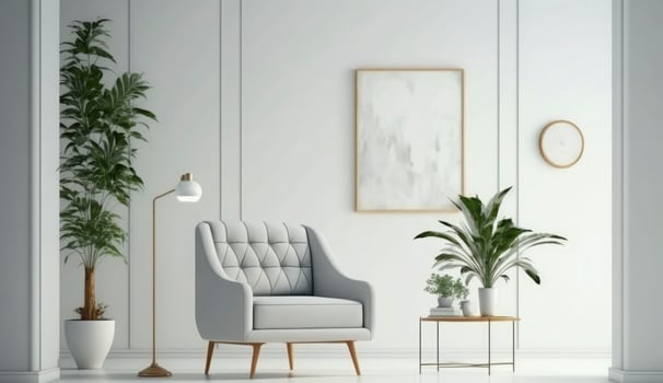 Mockup poster frame on the wall of living room. Luxurious apartment background with contemporary design. Modern interior design. 3D render, 3D illustration, Generate Ai photo