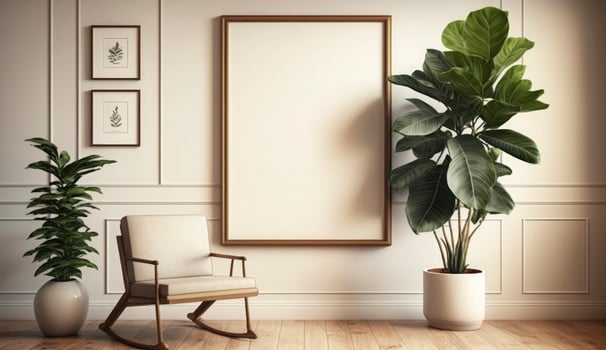 Mockup poster frame on the wall of living room. Luxurious apartment background with contemporary design. Modern interior design. 3D render, 3D illustration, Generate Ai photo