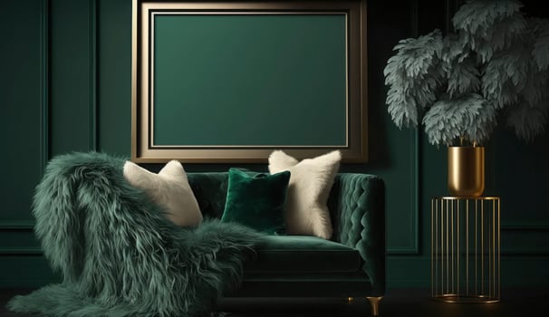 Mockup poster frame on the wall of living room. Luxurious apartment background with contemporary design. Modern interior design. 3D render, 3D illustration, Generate Ai photo