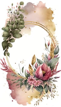 Watercolor floral illustration set - bouquets, frame, border. flowers, rose, peony, leaf branches collection. Wedding invites, wallpapers, fashion. Eucalyptus olive leaves chamomile, Generate Ai photo
