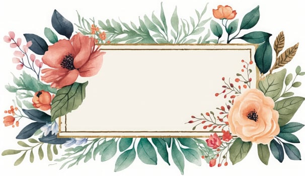 Watercolor floral illustration set - bouquets, frame, border. flowers, rose, peony, leaf branches collection. Wedding invites, wallpapers, fashion. Eucalyptus olive leaves chamomile, Generate Ai photo