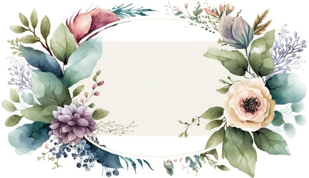 Watercolor floral illustration set - bouquets, frame, border. flowers, rose, peony, leaf branches collection. Wedding invites, wallpapers, fashion. Eucalyptus olive leaves chamomile, Generate Ai photo