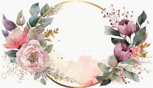 Watercolor floral illustration set - bouquets, frame, border. flowers, rose, peony, leaf branches collection. Wedding invites, wallpapers, fashion. Eucalyptus olive leaves chamomile, Generate Ai photo