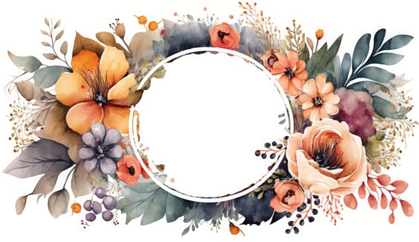 Watercolor floral illustration set - bouquets, frame, border. flowers, rose, peony, leaf branches collection. Wedding invites, wallpapers, fashion. Eucalyptus olive leaves chamomile, Generate Ai photo