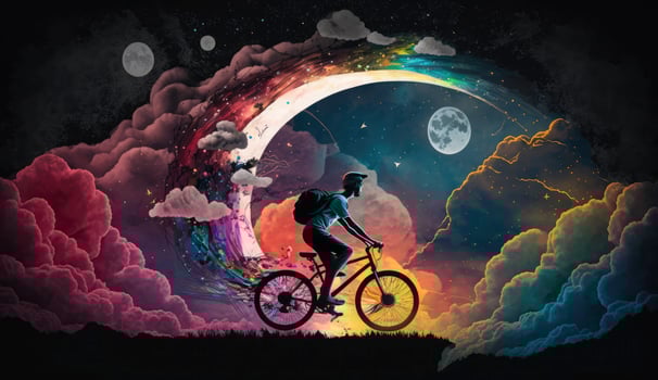 illustration painting of love riding on bicycle against night sky with colorful clouds, digital art style, Generate Ai photo