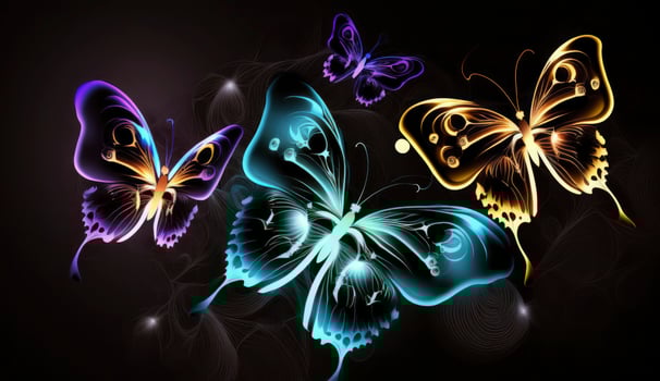 Night glowing butterflies on dark abstract background, Generate Ai photo