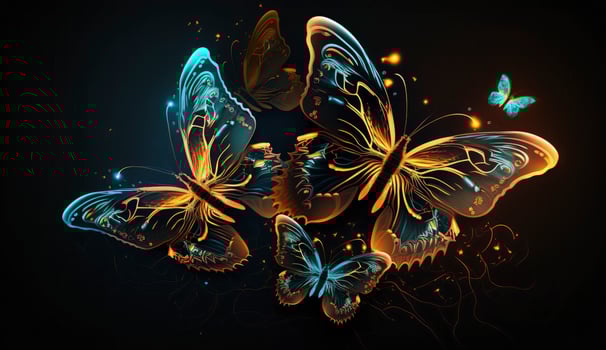 Night glowing butterflies on dark abstract background, Generate Ai photo