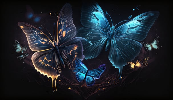 Night glowing butterflies on dark abstract background, Generate Ai photo