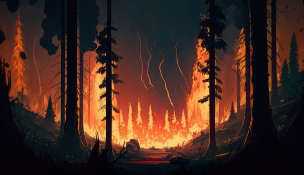 Wildfire, forest burning, 4k digital painting. Illustration of trees that burn. Wild flames raging trough the environment. Background, wallpaper. Red flames, Generate Ai photo