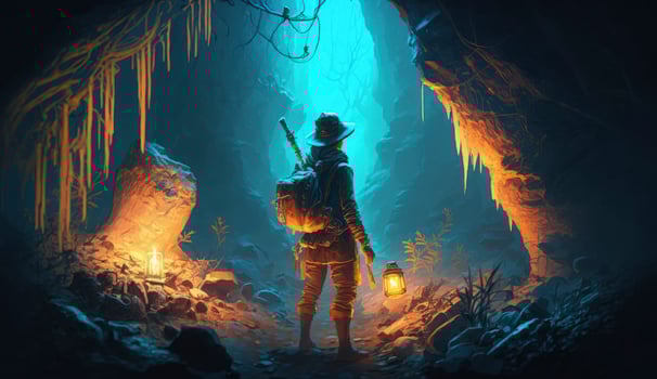 illustration painting of the explorer came to a spooky environment with diamonds, 3D illustration, Generate Ai photo