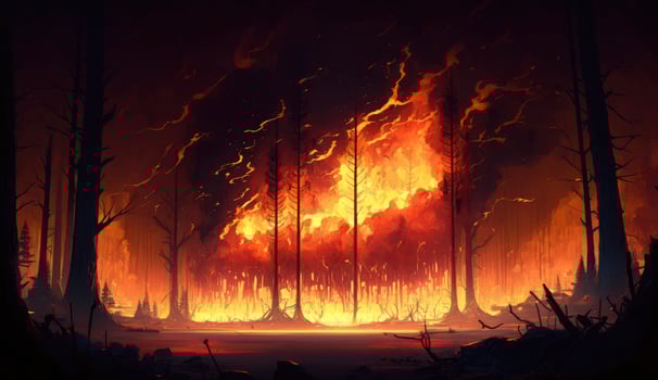 Wildfire, forest burning, 4k digital painting. Illustration of trees that burn. Wild flames raging trough the environment. Background, wallpaper. Red flames, Generate Ai photo