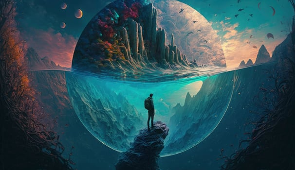 under water a man on top of mountain looking at another new planet, Generate Ai photo