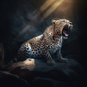 image of leopard roaring on the rock image photo