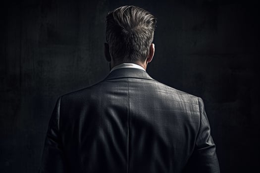 Back view of young businessman in suit looking away while walking on street photo